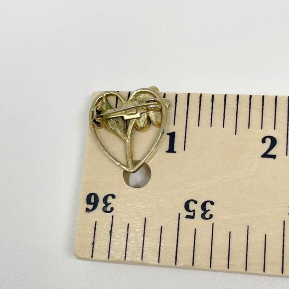 Vintage Heart Flower Brooch‎ Metallic Gold Tone Aqua Green Rhinestone Pin 1" - Picture 8 of 10